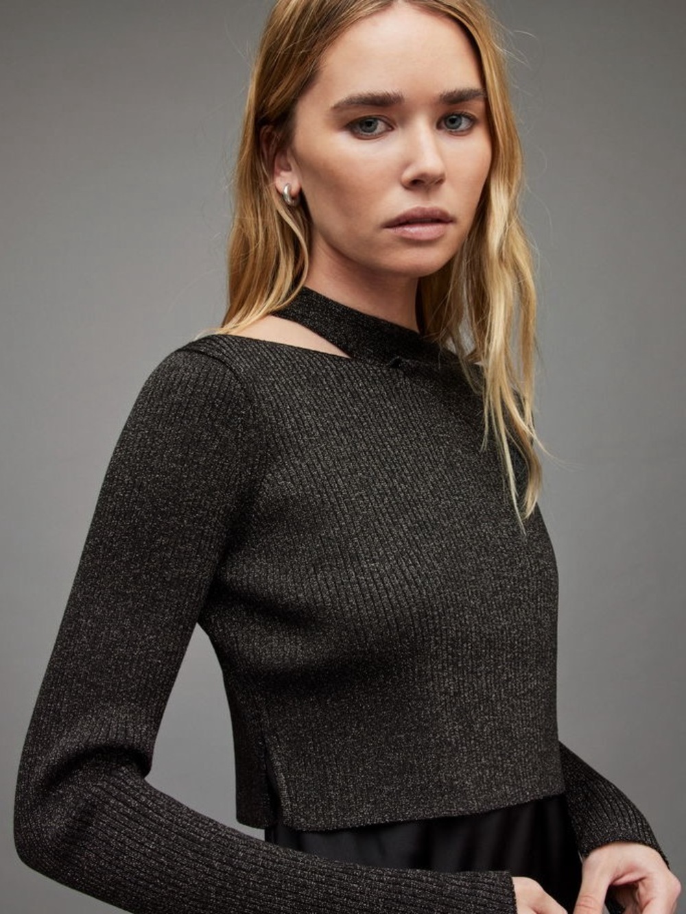 AllSaints Metallic Ribbed Asymmetrical Sweater | Small